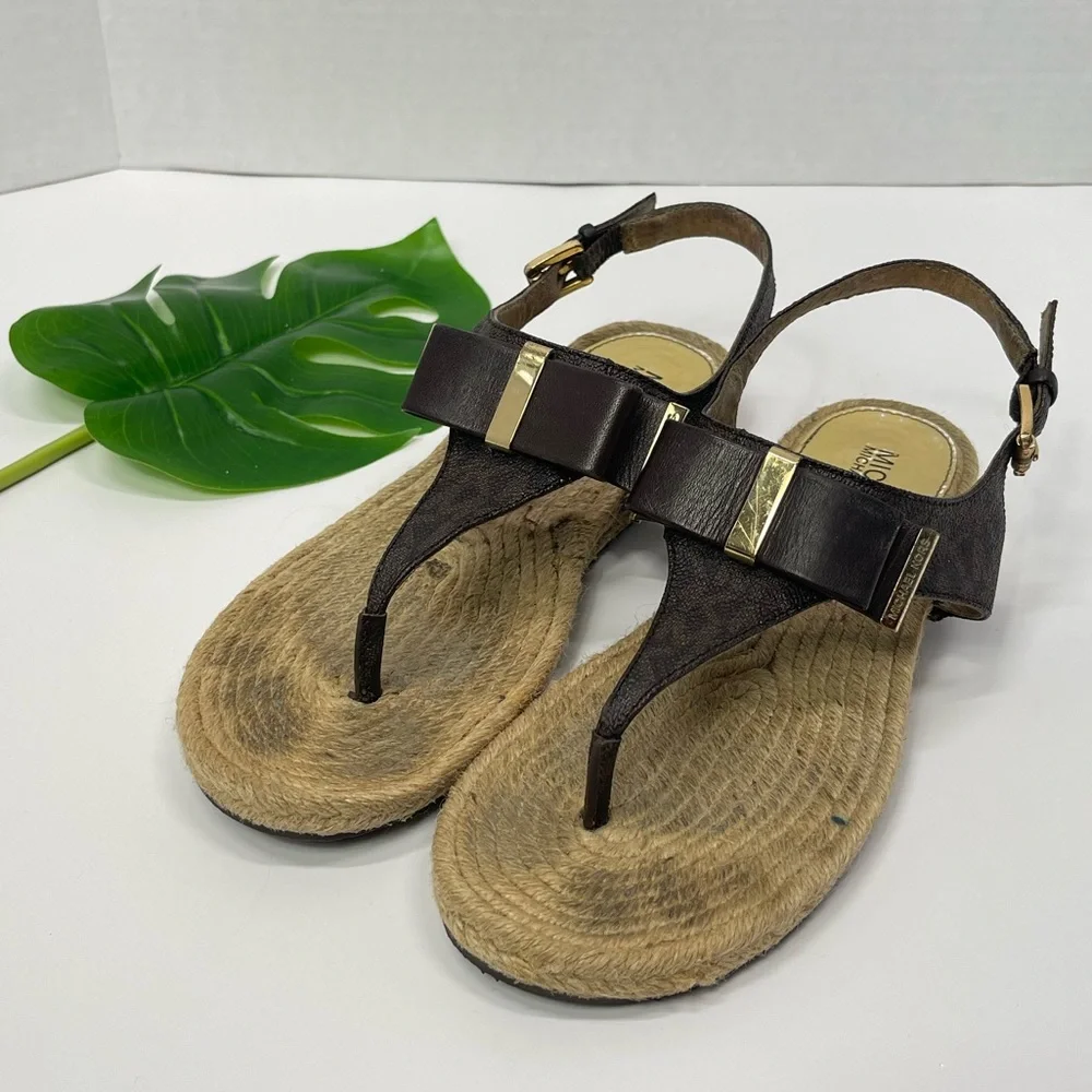 Michael Kors Espadrille Thongs Sandals Gold Brown Bow Flat Sandal Boho Vacation